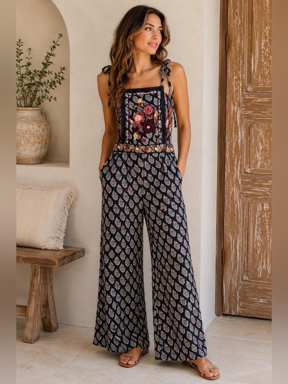 Anthropologie Embroidered Wide Leg Jumpsuit | US 2